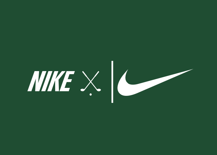 Nike Golf wordmark, crossed golf clubs and Nike swoosh on a deep green background