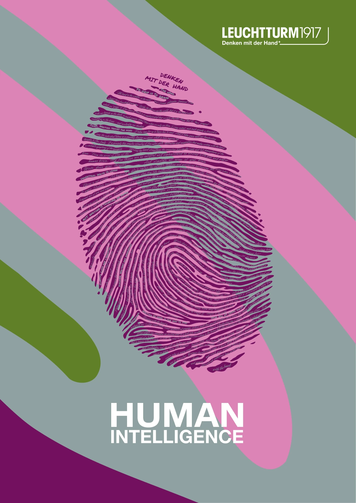 Original HUMAN INTELLIGENCE brand artwork: a fingerprint formed from handwritten words over expressive color shapes