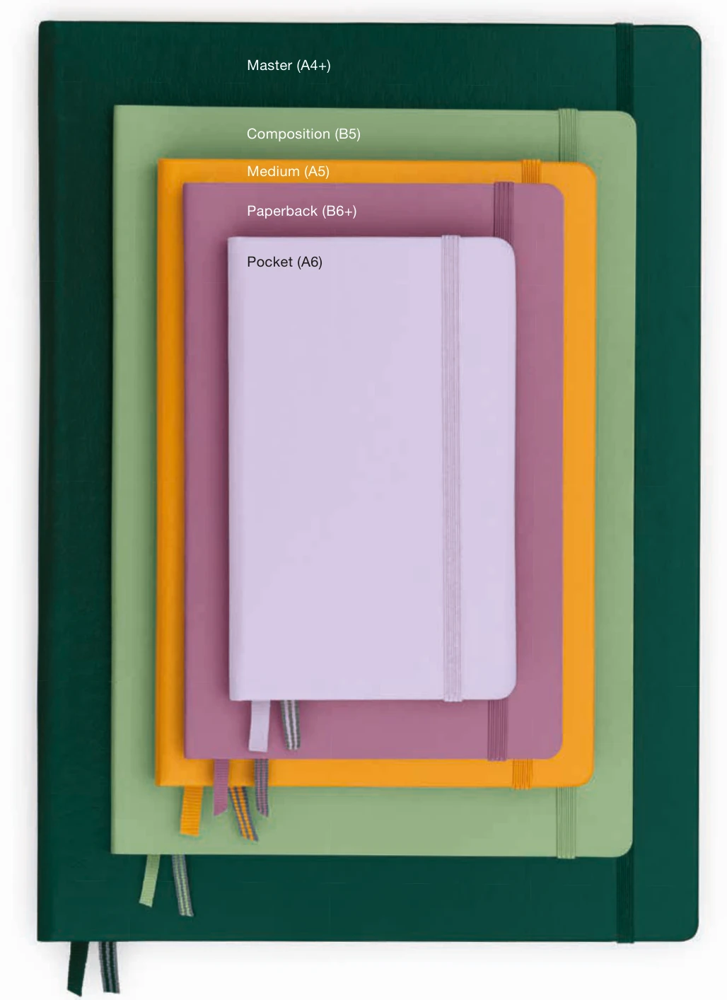 Genuine LEUCHTTURM1917 notebooks arranged from Master to Composition, Paperback, Medium A5 and Pocket formats