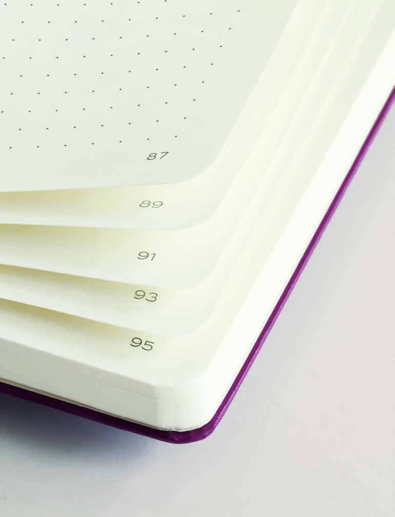 A close-up of numbered, dotted notebook pages and a cloth-bound cover