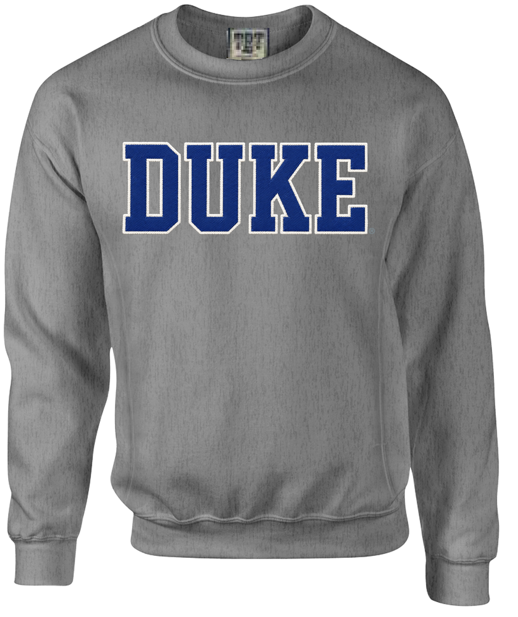 Oxford gray Duke crewneck with blue and white DUKE lettering